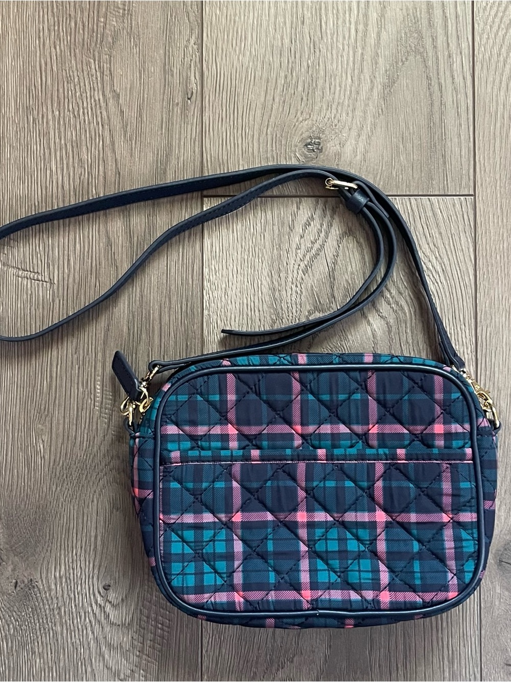 Talbots Navy Blue Green Pink Plaid Quilted Crossbody Bag Purse